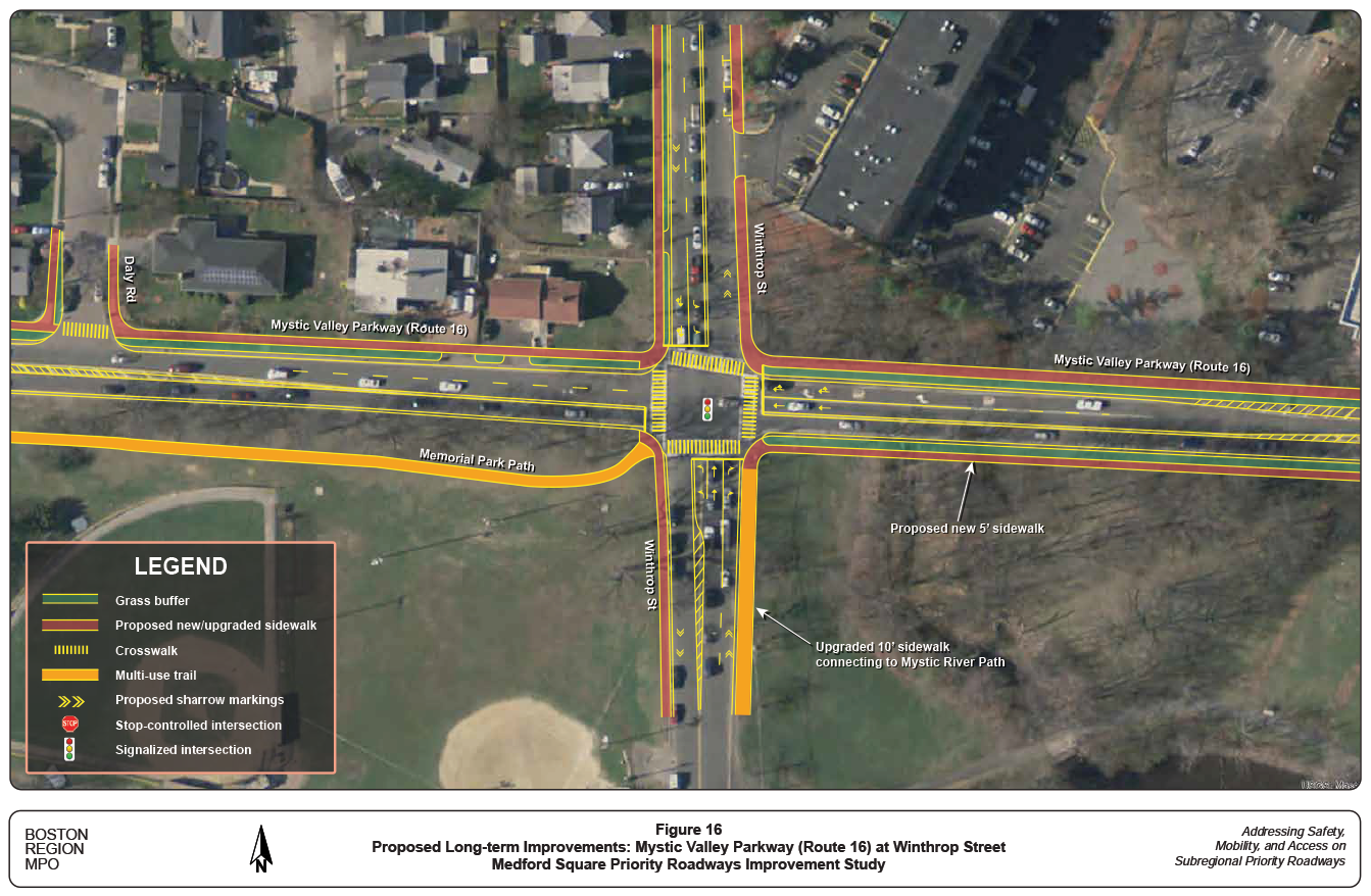Figure 16. Proposed Long-term Improvements: Mystic Valley Parkway (Route 16) at Winthrop Street
This figure shows a conceptual drawing of the proposed long-term improvements (design alternative 1) at the intersection of Mystic Valley Parkway (Route 16) and Winthrop Street.
